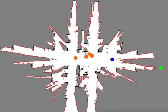 Frontier visualization map: frontiers, robot, chosen frontier and located casualties