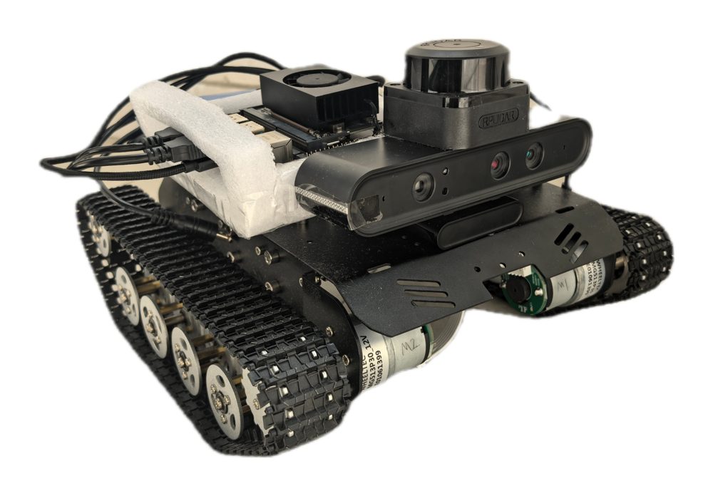 The tracked robot platform with a LiDAR on top and a depth camera at the front